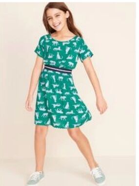 Old Navy Green Animal-Print Short Sleeve Dress with Striped Waist